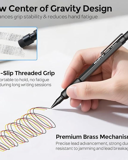 Nicpro 3 PCS 1.3 mm Blacke Mechanical Pencils Set with 48 Lead Refill, 3 Eraser - Weatherproof Metal Barrel, Heavy Duty Carpenter Pencil MP2000 for Outdoor Marking Drafting Drawing Woodworking
