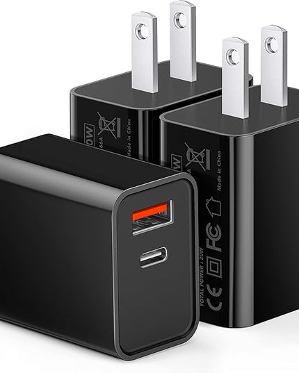 3 Pack Type C Charger, Dual Port USB C Wall Plug 20W PD & QC3.0 USB A Fast Charging Block for Samsung Galaxy S24 S23/S3+/S23 Ultra/S22/S22+/S22 FE/Note 20 Ultra/10, iPhone 16/17 Brick Box(Black)