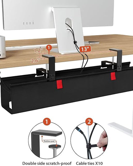 Univivi No Drill Under Desk Cable Management Tray, 28" Cord Organizer for Table, Clamp/Screw Mount Desk Cable Management, Premium Fabric Cable Management Tray for Office, Home