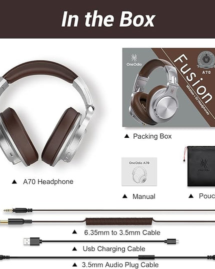 OneOdio A70 Bluetooth Over Ear Headphones, Wireless Headphones w/ 72H Playtime, Hi-Res, 3.5mm/6.35mm Wired Audio Jack for Studio Monitor & Mixing DJ E-Guitar AMP, Computer Laptop PC Tablet - Silver