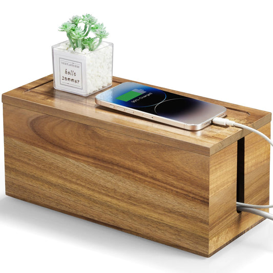 Acacia Wood Cable Management Box - Cable Organizer Box - 2 Open Slots Cords Hider Box - Under Desk Cord Organizer for Power Strip Extension Cord Surge Protector Charger Wire