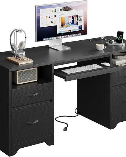 Bestier 59” Computer Desk with 4 Drawers, Office Desk with Storage, Modern Executive Desk with Charging Station, Keyboard Tray & Wooden Pedestals on Both Sides for Home Office & Studio, Black