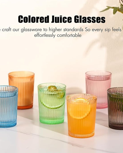 Ribbed Juice Glasses 10 oz. Set Of 6 Glass Cups - Drinking Beverage Tumblers for Soda, Water, Milk, Coke, and Spirits, Durable Heavy Bottom Juice Glassware-For Home and Bars