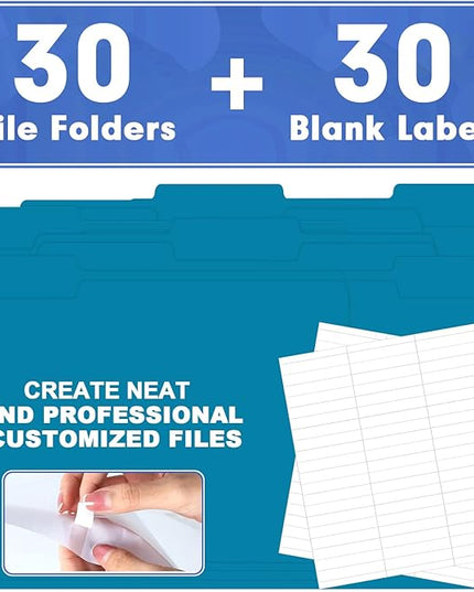 File Folder, HERKKA 30 Pack 1/3 Cut Tab File Folders, File Folders Great for Organizing and Filing, Letter Size, Blue