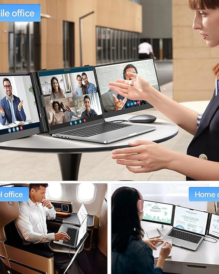 POTTMACEE 14.2’’ Triple Laptop Screen Extender, 0.17" Ultra-Slim FHD 1080P Portable Monitor for Laptop, Tri-Screen Travel Monitor Extender, Plug-Play for Windows/Mac/Chrome, Fit 13”-17.3” Laptops