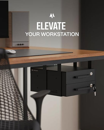 Under Desk Drawer Slide-Out – Lockable Metal Storage Drawers with Cable Management for Office & Home (Double, Bracketed)