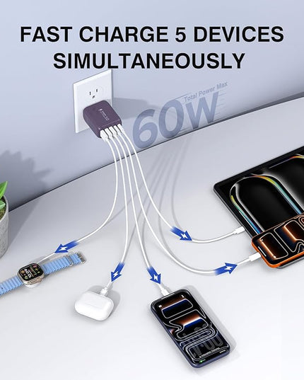 60W 2-Pack USB C Wall Charger Block, 5-Port C Charger Fast Charging Block PD Power Adapter +QC 3.0 Multiport Type C Box Brick Cube USB A Wall Plug for iPhone 14/15/16/17 Pro Max,Samsung Galaxy(Purple)