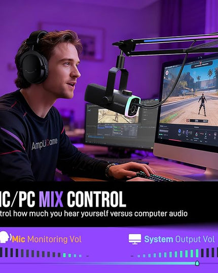 FIFINE Gaming Microphone Kit, XLR/USB Dynamic PC Microphone with Boom Arm for Podcast Recording, RGB Streaming Mic Set, Tap-to-Mute, Mix Control, Headphone Jack-AmpliGame AM8PROT