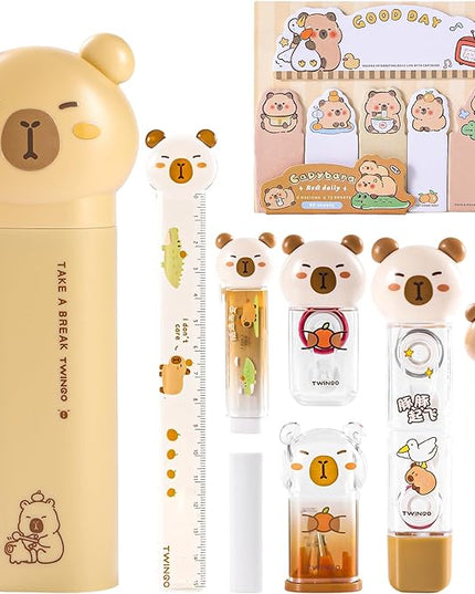 9 Pcs Cute Capybara Stationary Set Kawaii School Supplies Japanese Stationery, Includes Pencil Sharpener, Eraser, Correction Tape, Glue Tape, Sticky Notes, Ruler, Scissors for Office School Supplies