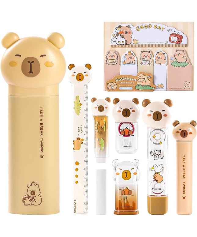 9 Pcs Cute Capybara Stationary Set Kawaii School Supplies Japanese Stationery, Includes Pencil Sharpener, Eraser, Correction Tape, Glue Tape, Sticky Notes, Ruler, Scissors for Office School Supplies
