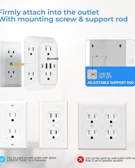 Wall Mount Power Strips Wall Charger 6 Outlet Extender 4 USB Ports (5V, 2.4A, 12W) and Night Light 3-Sided Power Strip with Adapter Spaced Outlets - Multi Plug Outlet Surge Protector for Home Office