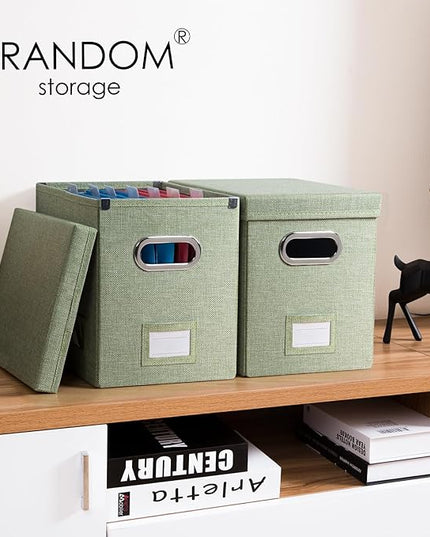 PRANDOM File Organizer Box - Set of 4 Collapsible Decorative Linen Filing Storage Hanging File Folders with Lids Office Cabinet Letter Size Green (14x9.3x10.8 inch)