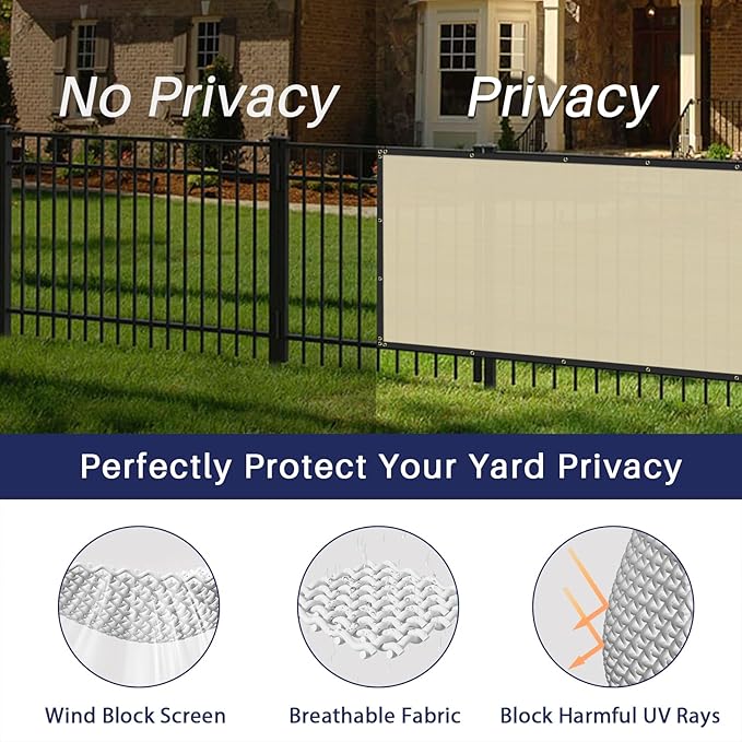 Windscreen4less Privacy Fence Screen Heavy Duty Windscreen Fencing Mesh Fabric Shade Net Cover with Brass Grommtes for Outdoor Wall Garden Yard Pool Deck, 6'x73' Beige