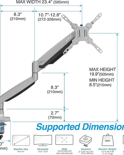 AVLT Single 17"-45" Monitor Arm Desk Mount Premium Mechanical Spring fits One Flat/Curved/Ultrawide Monitor Full Motion Height Swivel Tilt Rotation Adjustable, Gray