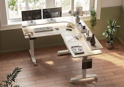 Claiks 63" L Shaped Standing Desk with Drawers and LED Lights, Height Adjustable Electric Corner Standing Desk with Monitor Stand & Power Outlet, 4 Memory Preset, Nature