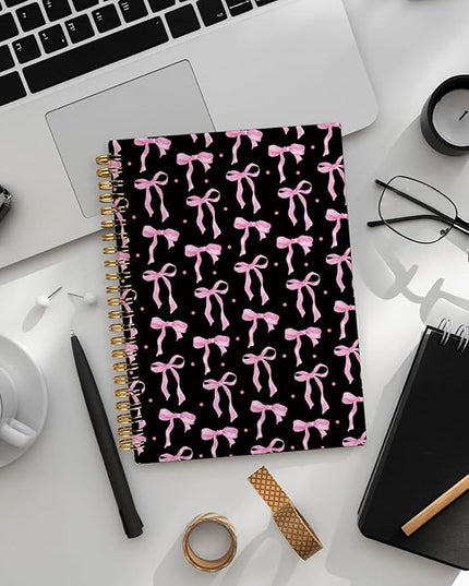LIANGW Coquette Pink and Black Bow Notebook Journal for Teen Girls & Women, Preppy Cute Journal Gifts for Women, Pink Girly Gifts, Black Office Supplies, Hardcover Spiral Notebook, 5.5x8.3 Inch