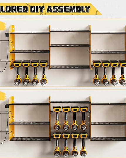Power Tool Organizer with Charging Station Wall Mount, 3 Layer Expanded Heavy Duty Garage Organization, 45.5 Inch Length Garage Tool Storage, 8 Drills, 2 Assemble Method, Yellow