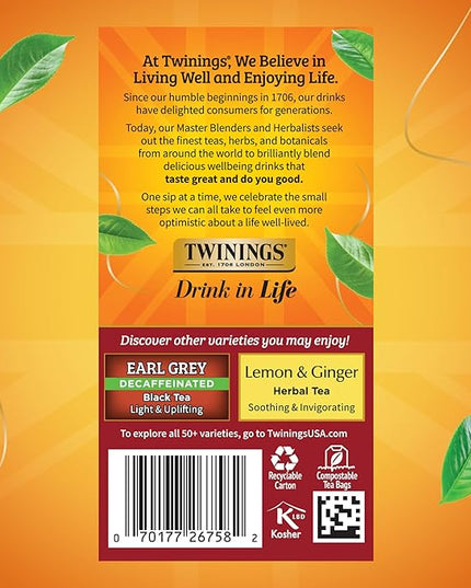 Twinings Decaffeinated Chai Individually Wrapped Bags, 20 Count (Pack of 1), Sweet, Savoury Spices, Enjoy Hot or Iced, 20 Teabags