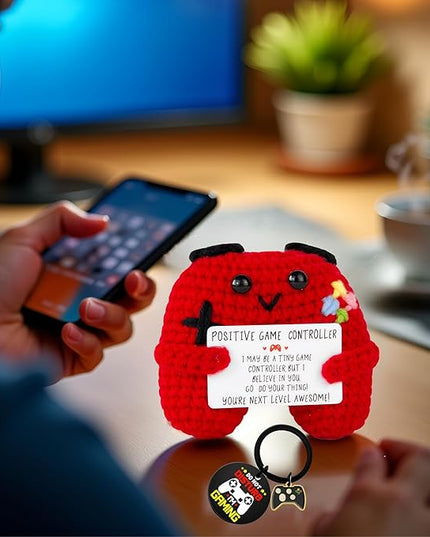 Gamer Gifts Positive Crochet Game Controller and Inspirational Keychain, Unique Teenage Boy Gifts Idea, Gaming Gift Set with Gamer Keychain, Birthday Gift Emotional Support Crochet for Game Lovers