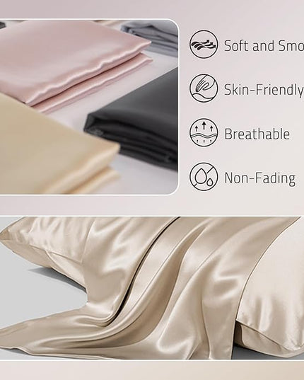 Mulberry Silk Pillow Cases Set of 2, Both Sides Real Silk Pillow Cover for Hair and Skin Prevent Acne Pillowcase Organic Silk Pillowcase 2 Pack with Hidden Zipper, Champagne, Queen (20"×30")