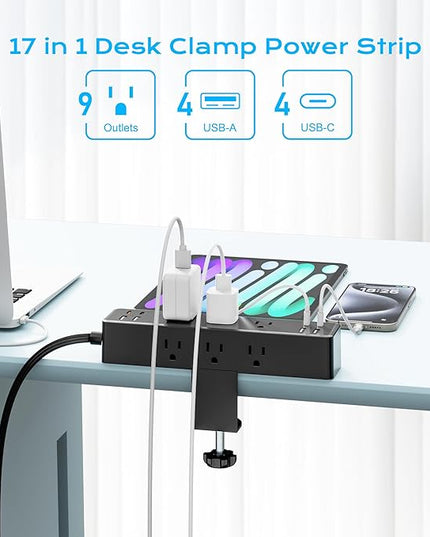 Flat Plug Desk Clamp Power Strip 10FT, 40W Total Fast Charging Station, Dual PD 20W USB C Ports, Desk Edge Mount Power Strip 9 AC Outlets 8 USB Ports(4 USB C) Surge Protector, Fit 1.7" Tabletop Edge