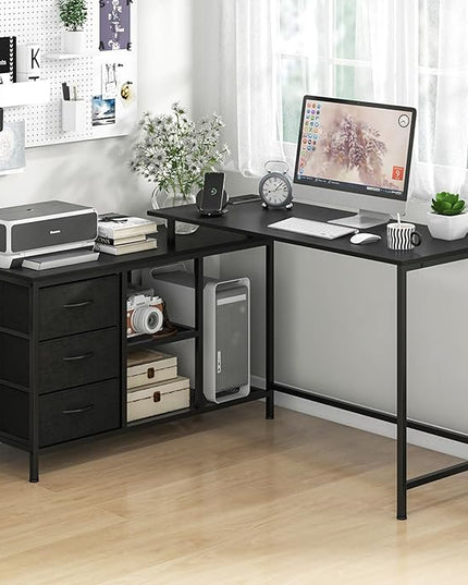 Tangkula 81 Inch L-Shaped Desk with Power Outlet, Convertible Corner Desk with Drawers & Shelves, Office Desk for Working, Studying, Gaming (Black)