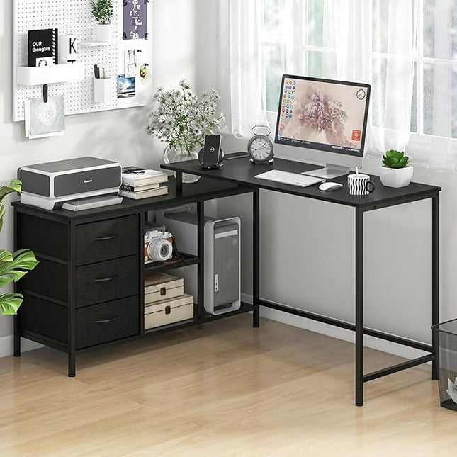 Tangkula 81 Inch L-Shaped Desk with Power Outlet, Convertible Corner Desk with Drawers & Shelves, Office Desk for Working, Studying, Gaming (Black)