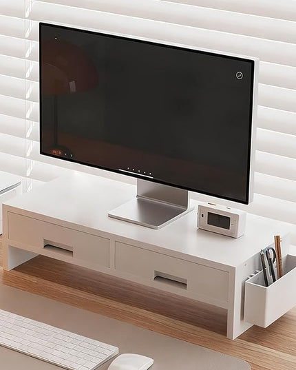Desk Monitor Stand Riser, Double Drawer Ergonomic Organizer, Computer Desk Riser For Monitors And Accessories, Durable Wood Material, Family Friends Home Offices Indoor Study Bedroom Room Workstation
