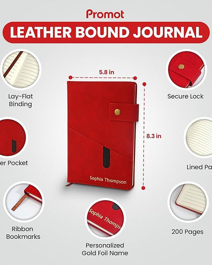 Promot Personalized Notebook - A5 Lined Leather Bound Journal for Writing Women Men - Hardcover Executive Notebook, Daily Journal, Travel Diary, Gift Idea, Custom Embossed Text with Gold Metallic Foil