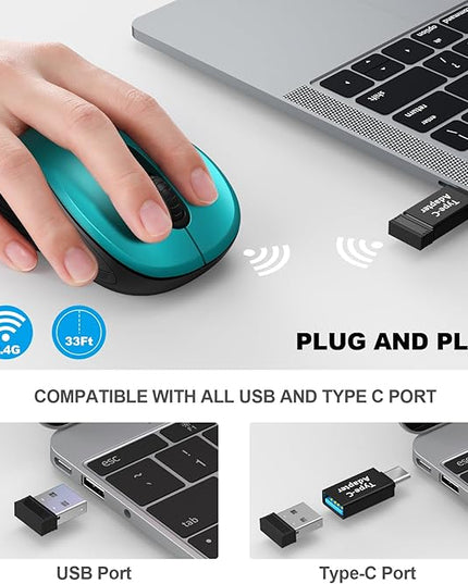 WisFox 2.4G Wireless Mouse for Laptop, Ergonomic Computer Mouse with USB Receiver and Type-C Adapter, 3 Adjustable Levels, 6 Button Cordless Wireless Mice for Windows Mac PC Notebook (Green)