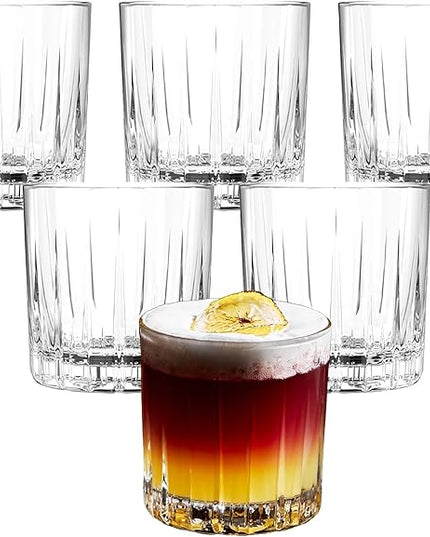 LEMONSODA Premium Double Rock Old Fashioned Whiskey Glass Tumbler - Set of 6-12oz - Perfect for Scotch, Whiskey, Cocktails, Bourbon and Cognac - For Gifts, Parties - (Lines)