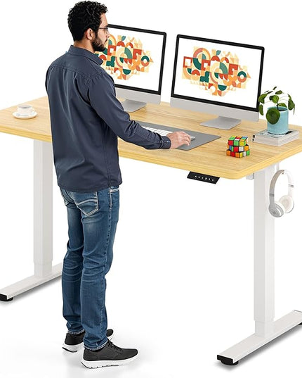 SANODESK Electric Standing Desk 55 x 28 Inches Whole-Piece Desktop Height Adjustable Stand Up Desk w/6-Button Controller Ergonomic Computer Desk for Home Office, White Frame + Natural Tabletop