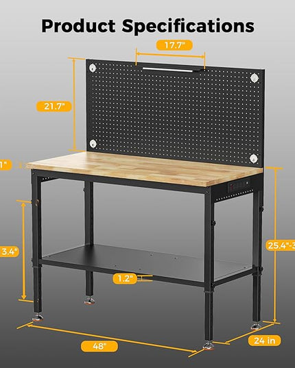 48" Heavy Duty Work Bench Adjustable Height Max Load 2000 LBS with Storage Shelf for Garage Workbench, Rubberwood Tabletop with Pegboard, LED Light, Built-in Power Strip for Woodworking Shop