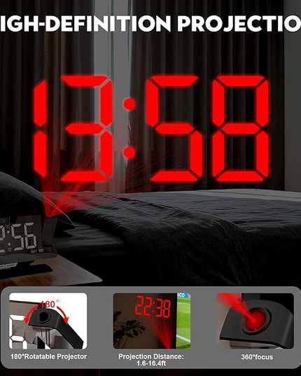 SZELAM Digital Clock,Alarm Clock Bedside with Projection,7.3" Mirror Clock with 180°Rotating Projector,Dual Alarm with 3 Mode,Brightnee Adjust,DST,Snooze,Charging Port,5 Levels Volume for Desk Teens