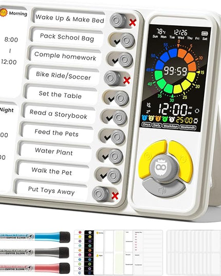 5 IN 1 Visual Timer for Kids/Adults with Chore Chart, ADHD Tools 12/24H Silent Task Timer and Pomodoro Timer, ADHD & Autism Sensory Products, Visual Schedule for Kids Back to School Supplies Off-white