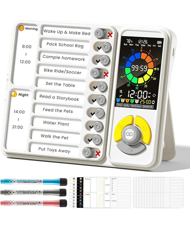 5 IN 1 Visual Timer for Kids/Adults with Chore Chart, ADHD Tools 12/24H Silent Task Timer and Pomodoro Timer, ADHD & Autism Sensory Products, Visual Schedule for Kids Back to School Supplies Off-white