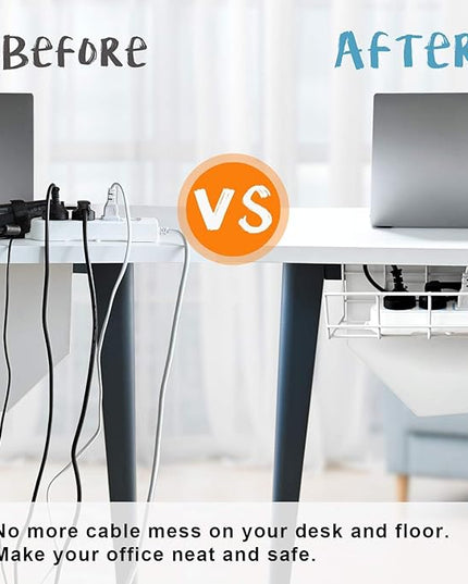 Under Desk Cable Management- 6 Pack Cord Organizer. Metal Wire Cable Management Tray for Office, Studio and Home. Super Sturdy Under Table Cable Managements - White Cable Organizer