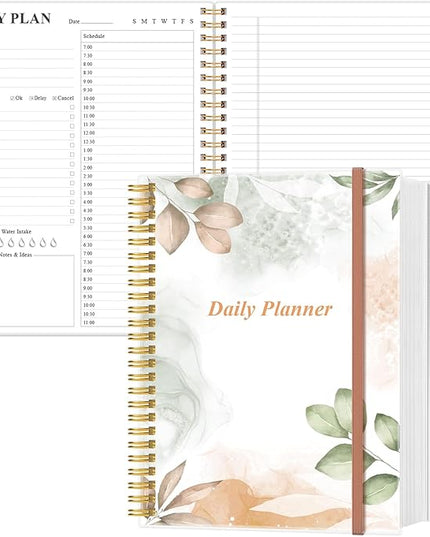 Daily Planner Undated - 8.5" x 11" To Do List Notebook Hourly Schedules, 150 Sheets/300 Pages Spiral Appointment Planner for Women and Men,PVC Hardcover, Inner Pocket, Elastic Closure, Rose Leaf