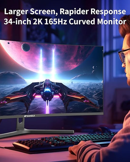 SANSUI 34-Inch Curved Gaming Monitor UWQHD 3440 x 1440 Up to 165Hz Curved 1500R - PIP/PBP, 1ms(MPRT), HDR, 300nits, sRGB 125%, DCI-P3 95%,FreeSync,HDMIx2,DP1.4 x2 (DP Cable Included)