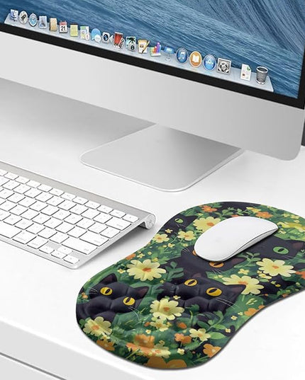 Hokafenle Ergonomic Mouse Pad Wrist Support, Wrist Rest Mousepad for Carpal Tunnel Pain Relief with Integrated Memory Foam Slope Massage Bulge (11.8x7.9 inch,Cute Cat