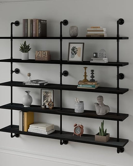 Floating Shelves for Wall Bookshelf Industrial Pipe Shelving Shelves 60 Inch 5 Tier Natural Wood Planks Rustic Wall Shelves Hanging Bookshelves Farmhouse Kitchen Shelving