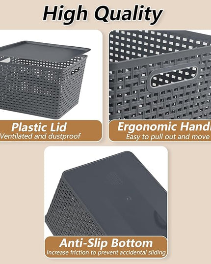 Xyskin 6 Packs Storage Bins with Lids, Plastic Storage Containers with Lids, Stackable Storage Box Baskets for Organizing Desktop Closet Playroom Classroom Office, Gray