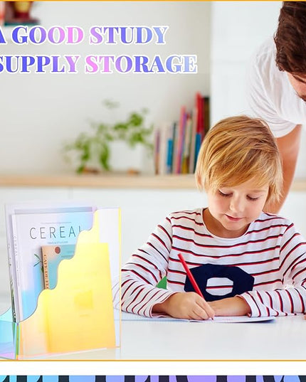 2 Pcs Iridescent Acrylic Magazine File Holders, Water Ripples Vertical File Organizer, Colorful Acrylic Folder Organizers for Desk Office Classroom Home Decor Document Storage Organizer