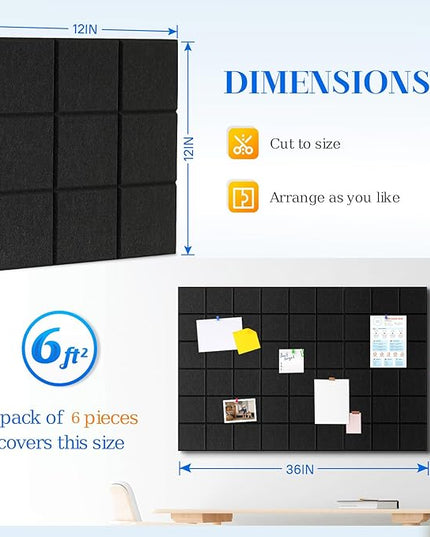 DOLLAR BOSS Felt Cork Board Tiles, 6 Packs 12" x 12" 1/2" Thick Bulletin Board Adhesive Acoustic Panels Soundproof Corkboards for Walls with 60 Pushpins for Home Office Kitchen School, Grid