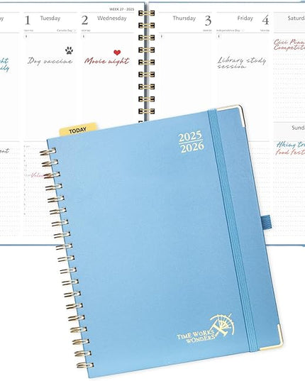 POPRUN Academic Planner 2025-2026 (July 2025-June 2026), Daily Weekly and Monthly Appointment Book (Wirebound Hard Cover - 10'' x 8'') with Hourly Time Slots, Tabs, 100 GSM - Haze Blue