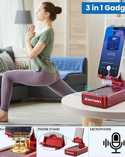 JTEMAN Portable Phone Stand with Speaker Bluetooth Wireless,Gifts for Men Women,Birthday for Women,Kitchen Gadgets for Men,Phone Holder for Desk - Red