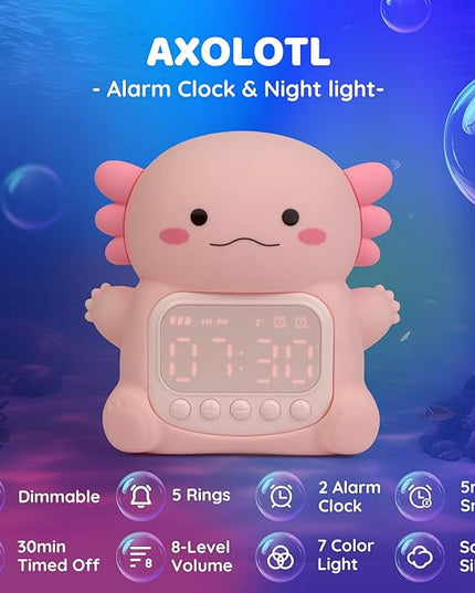 Axolotl Alarm Clock with Night Light for Kids, Rechargeable Silicone Lamp Time to Wake Clock，Cute Animal Tabletop Lamp, Perfect Sleep Companion for Boys Girls