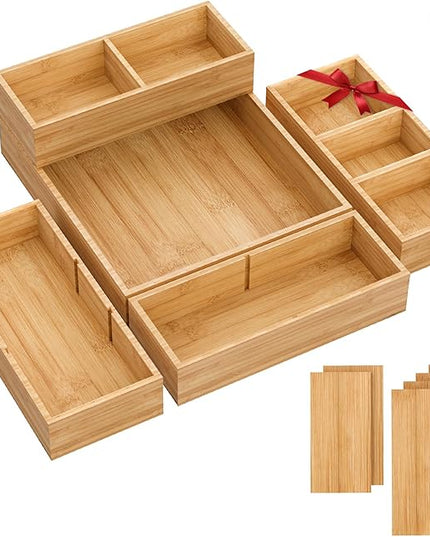 SpaceWhisper Bamboo Drawer Organizer, 5-Piece Drawer Divider with Removable Dividers for Organization and Storage, Multi-Use Stackable Storage Box & Utensil Holder for Kitchen, Office, Makeup & More