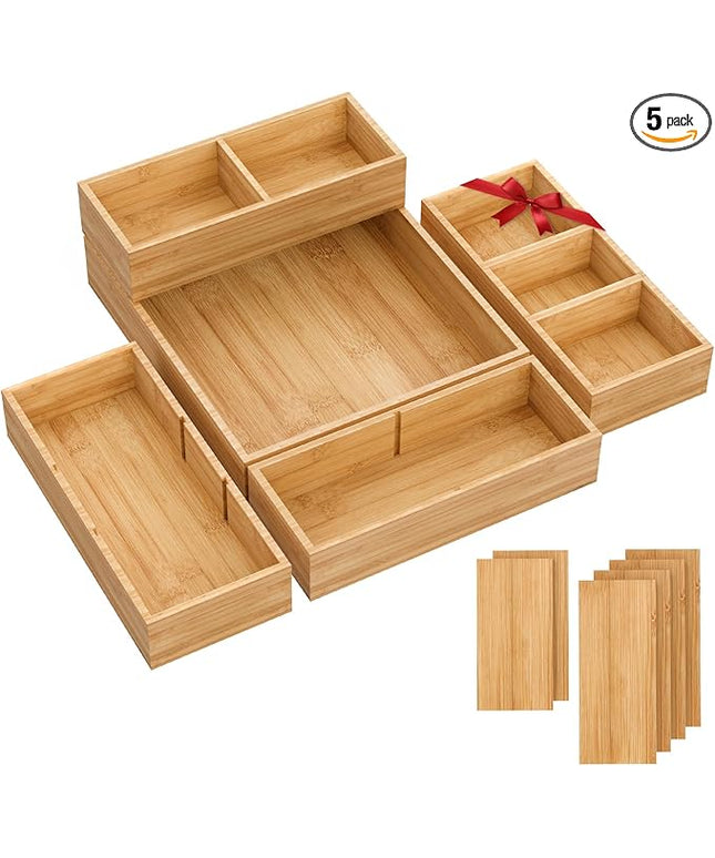SpaceWhisper Bamboo Drawer Organizer, 5-Piece Drawer Divider with Removable Dividers for Organization and Storage, Multi-Use Stackable Storage Box & Utensil Holder for Kitchen, Office, Makeup & More