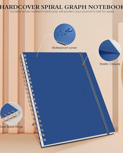 Graph Paper Notebook, Spiral Notebook Journal 8.5” x 11”, A4 Large Grid Notebooks for Women Men, 100 GSM Graph Paper, Plastic Hardcover Spiral Graphing Journals for Work School Engineering, Navy